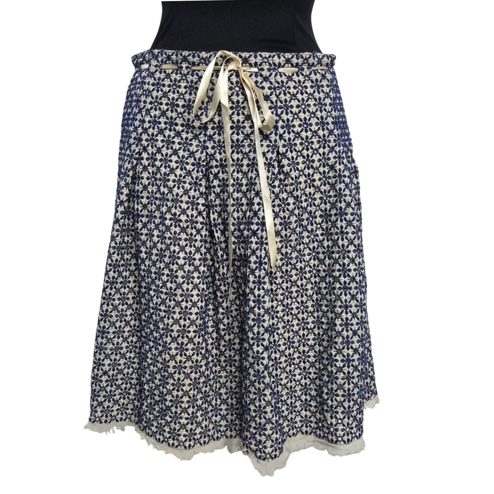 Gianni Bini Blue Floral Eyelet Lined Cotton A-Line Skirt Ribbon Waist 29" Size 4
